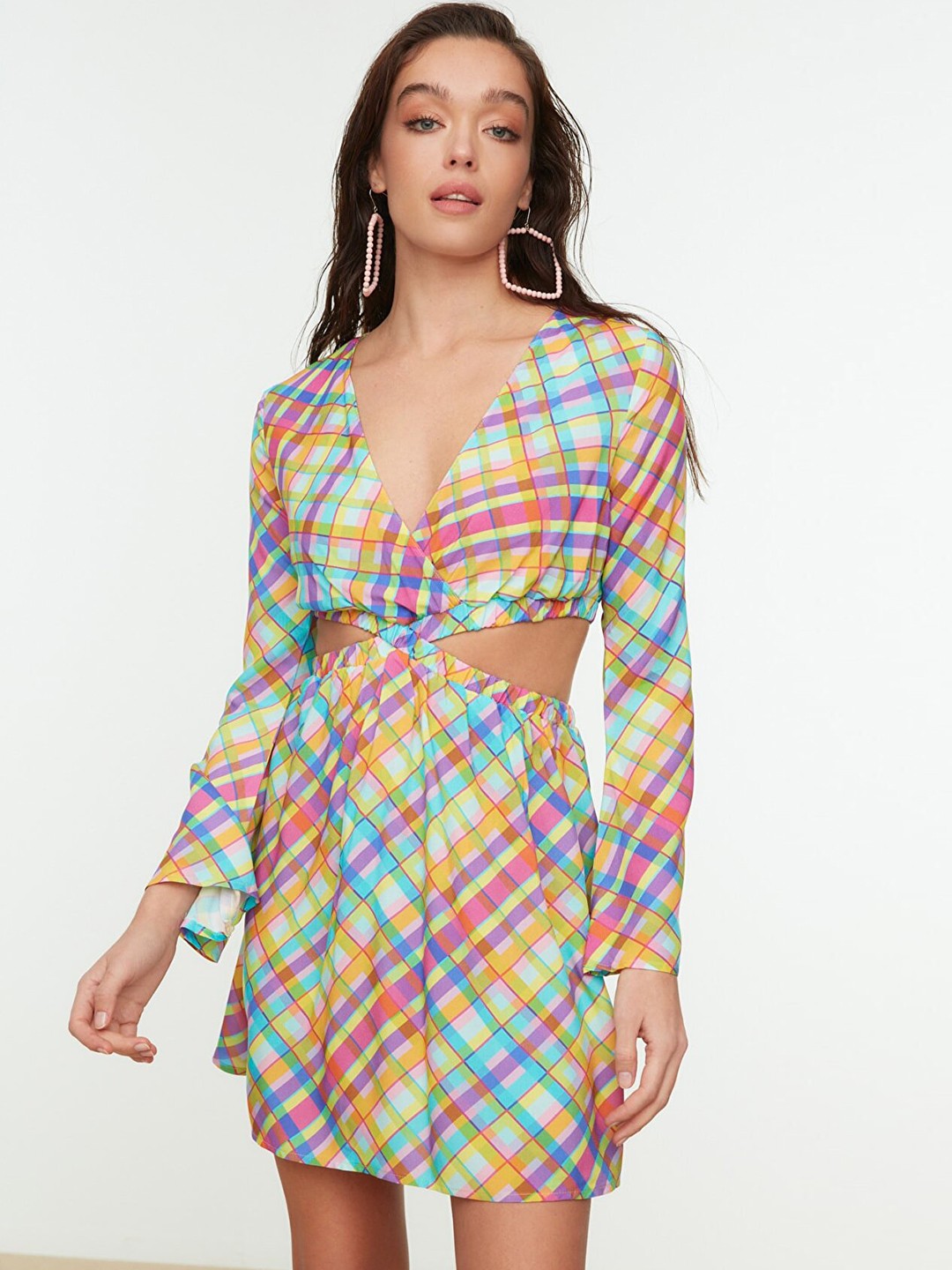 

Trendyol Women Blue & Pink Checked Cut-Out Detail A-Line Dress