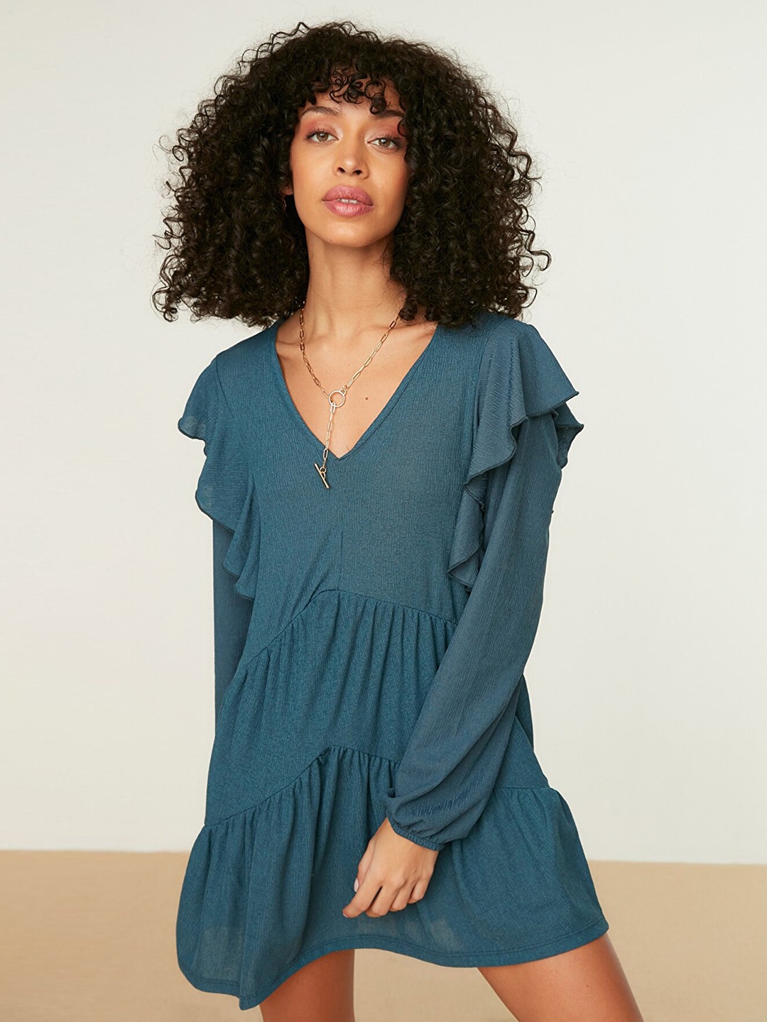 

Trendyol Women Teal Green Solid Tiered A-Line Dress