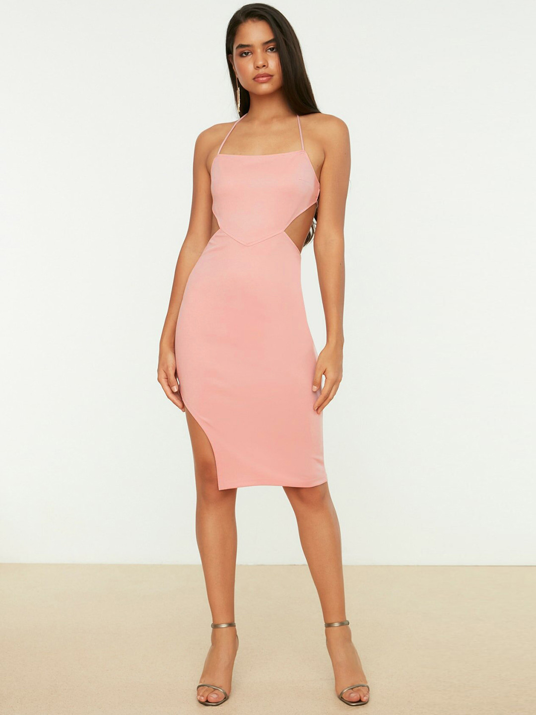 

Trendyol Pink Solid Halter Neck Sheath Dress
