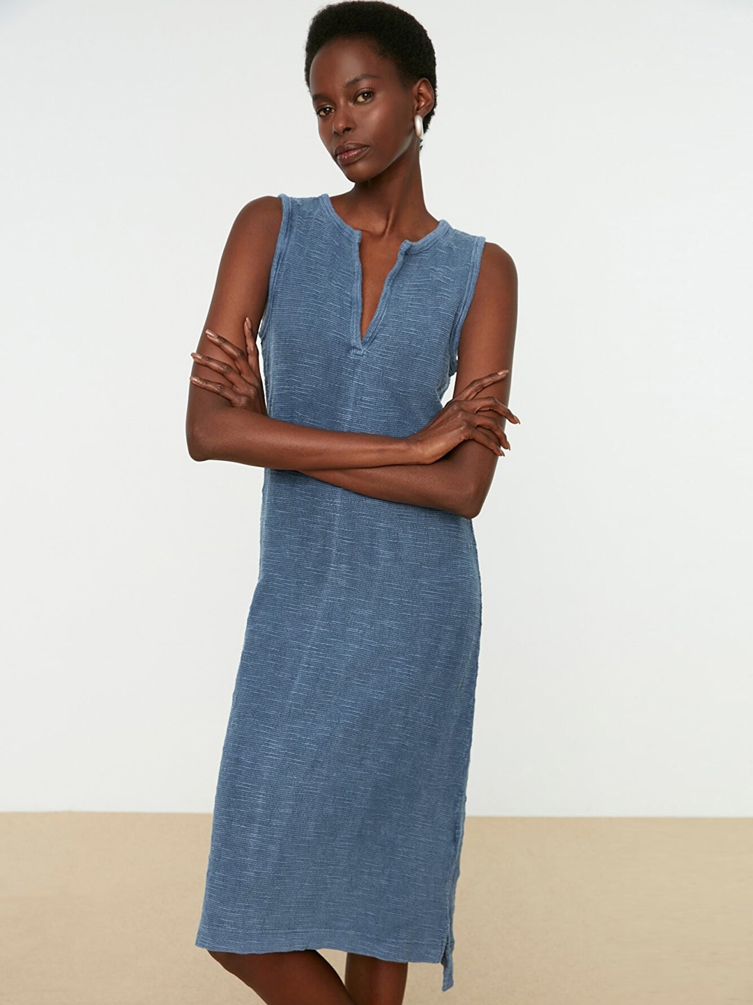 

Trendyol Women Blue Pure Cotton Self Design A-Line Midi Dress