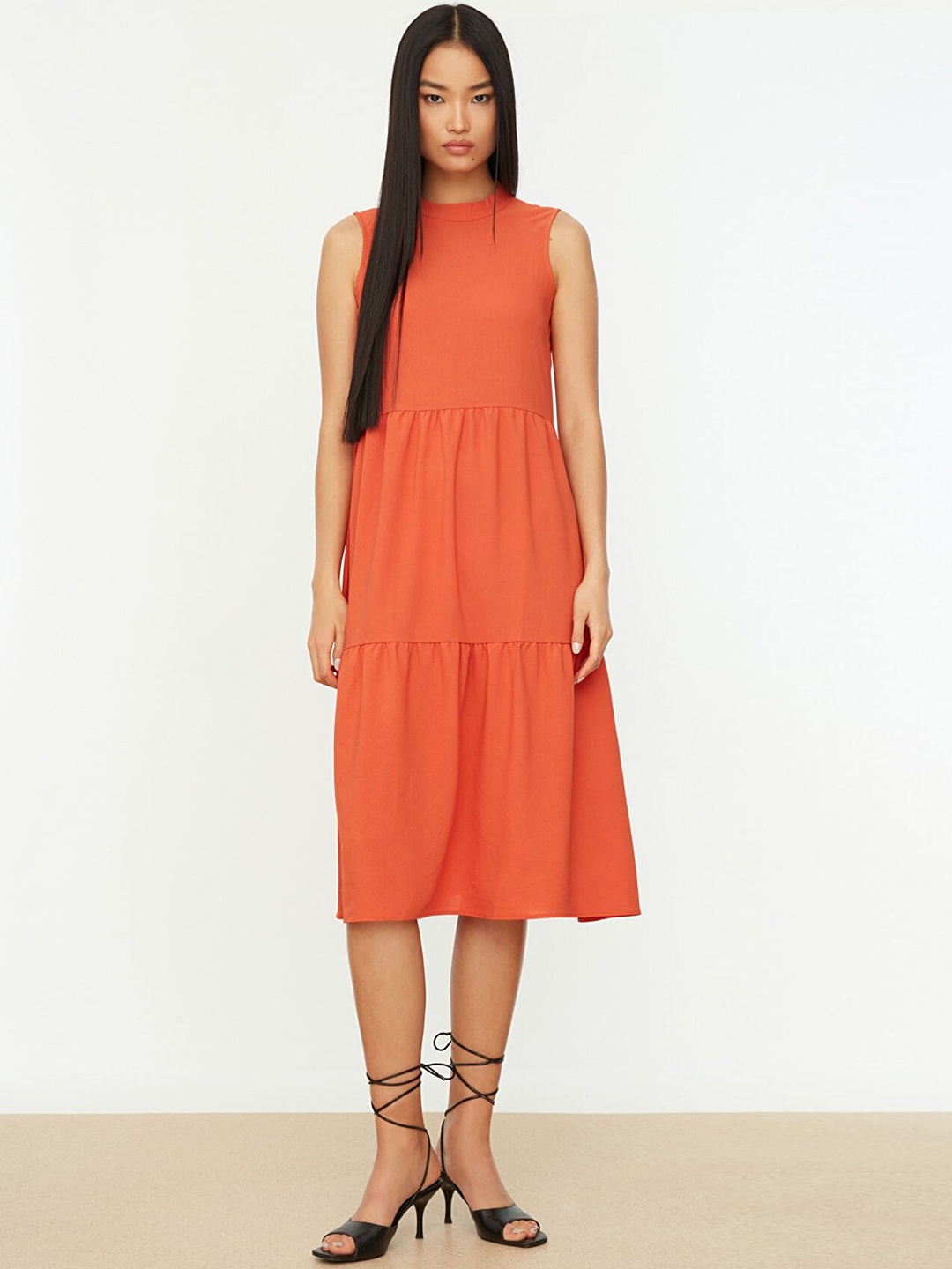 

Trendyol Women Orange Solid Tiered A-Line Dress