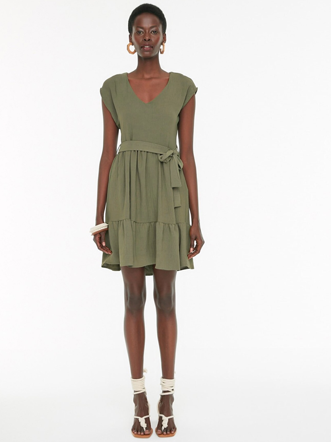 

Trendyol Women Olive Green Solid A-Line Dress with Belt