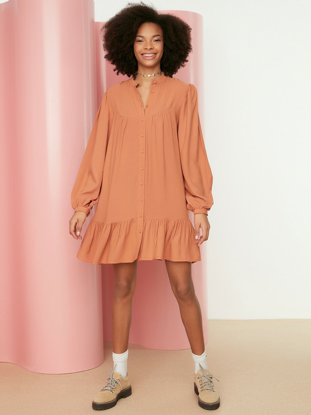 

Trendyol Women Rust Orange Solid A-Line Dress