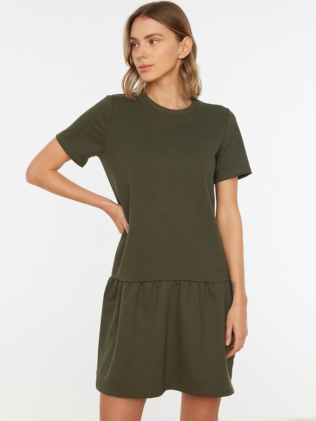 

Trendyol Olive Green Solid Drop-Waist Dress