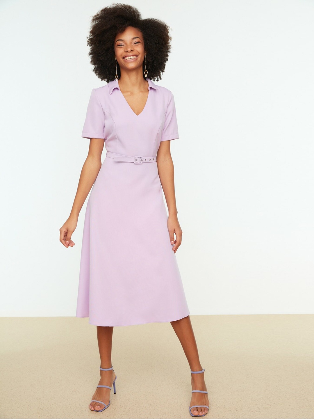 

Trendyol Women Lavender Solid A-Line Midi Dress Comes with a Belt