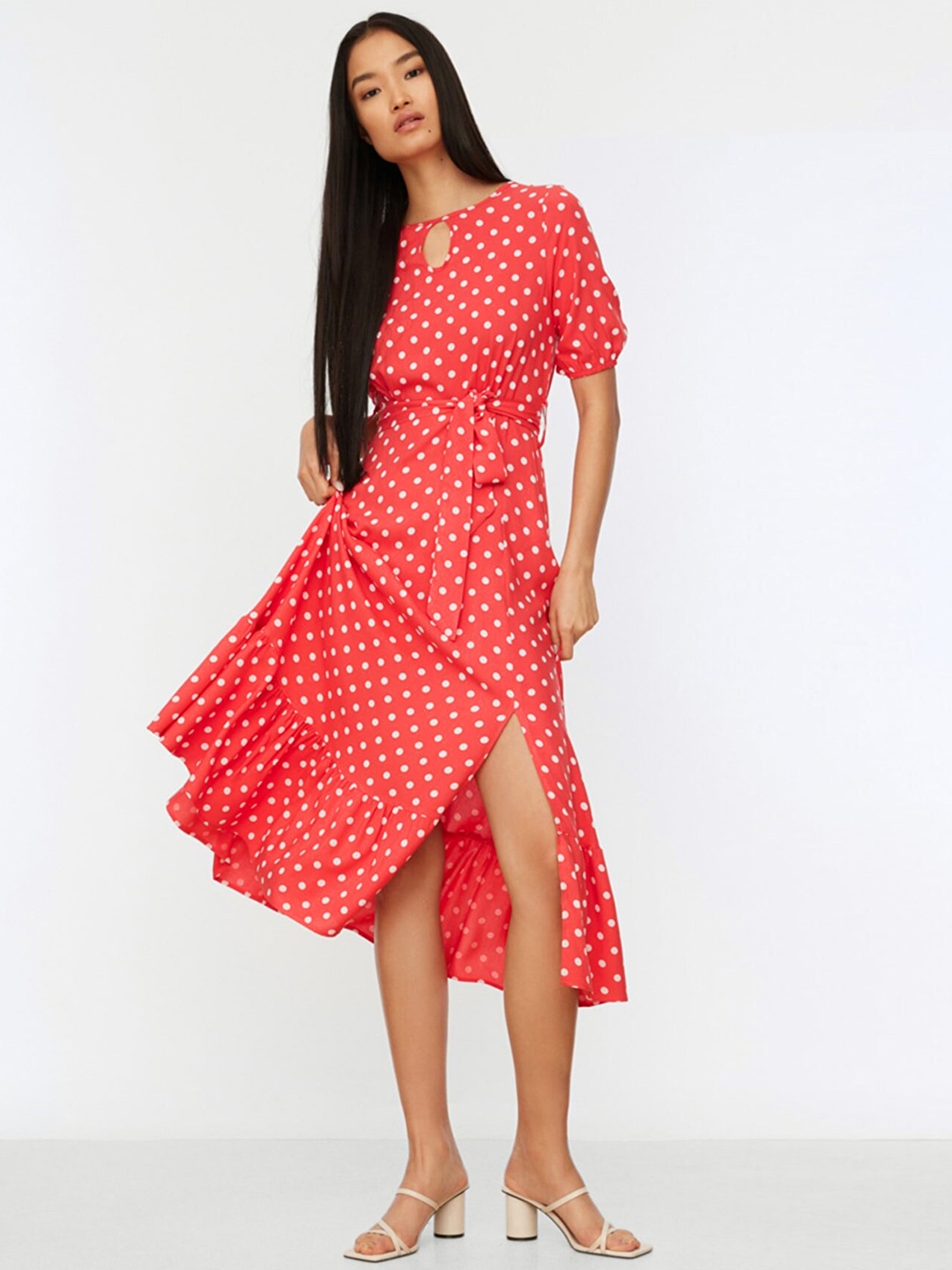 

Trendyol Red & White Keyhole Neck A-Line Midi Dress