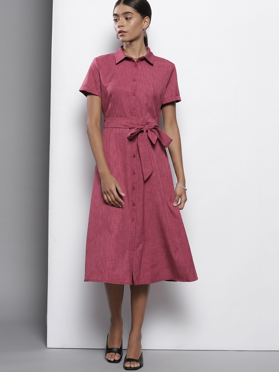 

Trendyol Pink Self Design Shirt Style Midi Dress Comes With a Belt