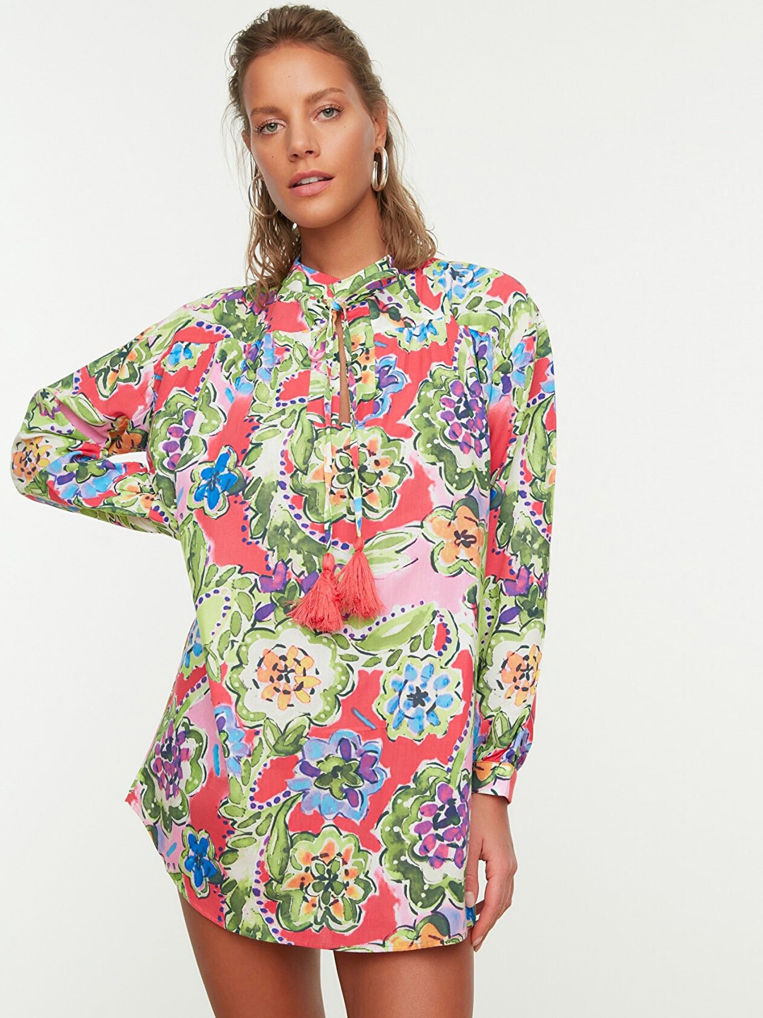 

Trendyol Women Green & Pink Floral Tie-Up Neck Pure Cotton A-Line Dress