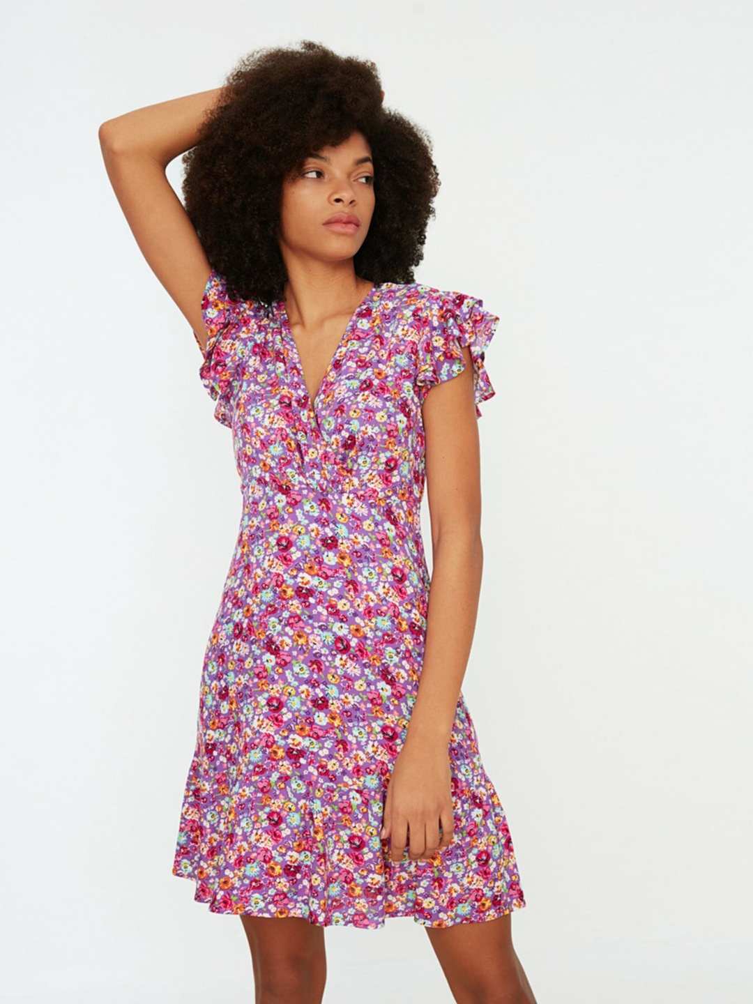 

Trendyol Women Purple & White Floral A-Line Dress