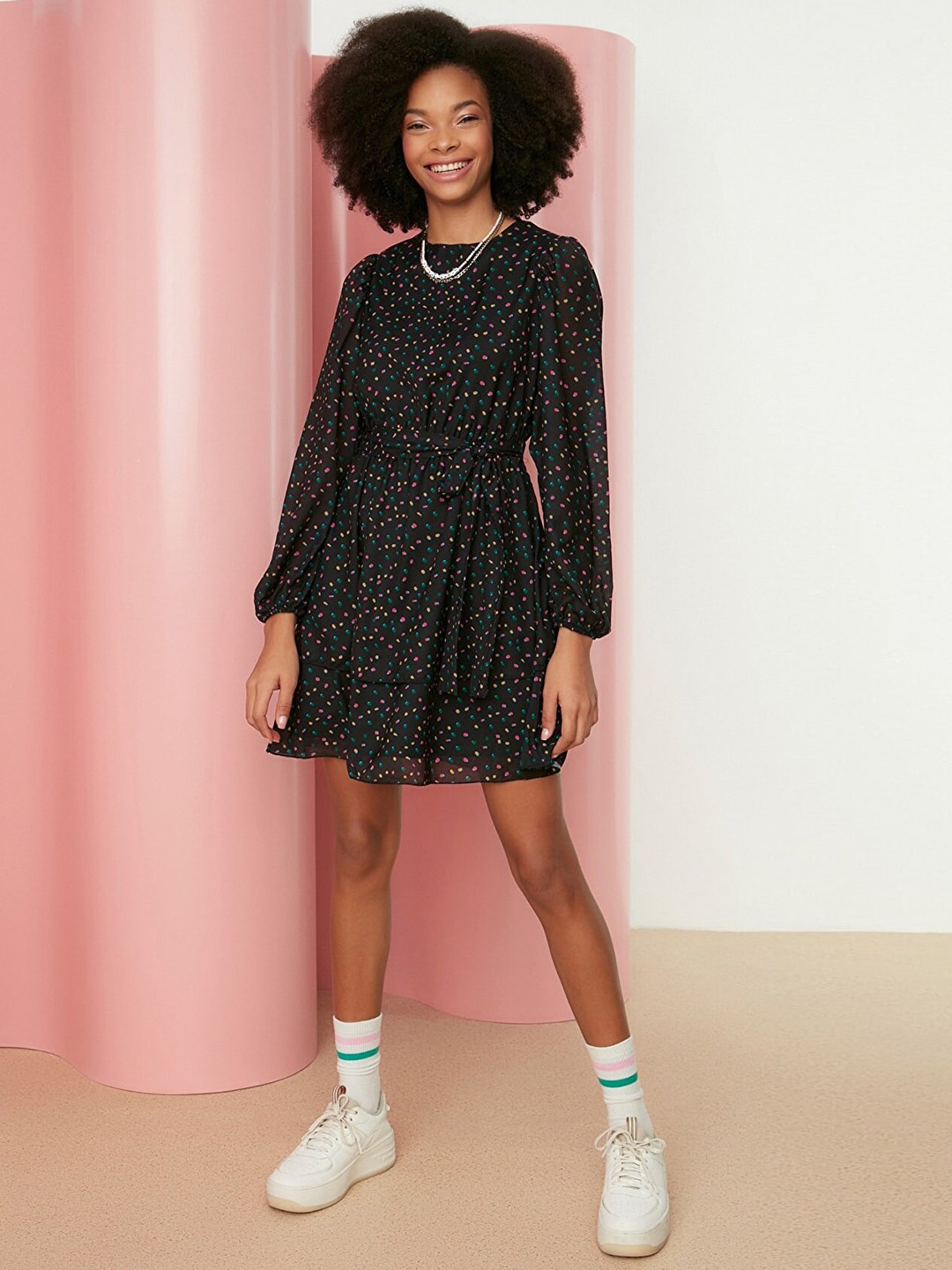 

Trendyol Black & Mustard Yellow Printed A-Line Dress
