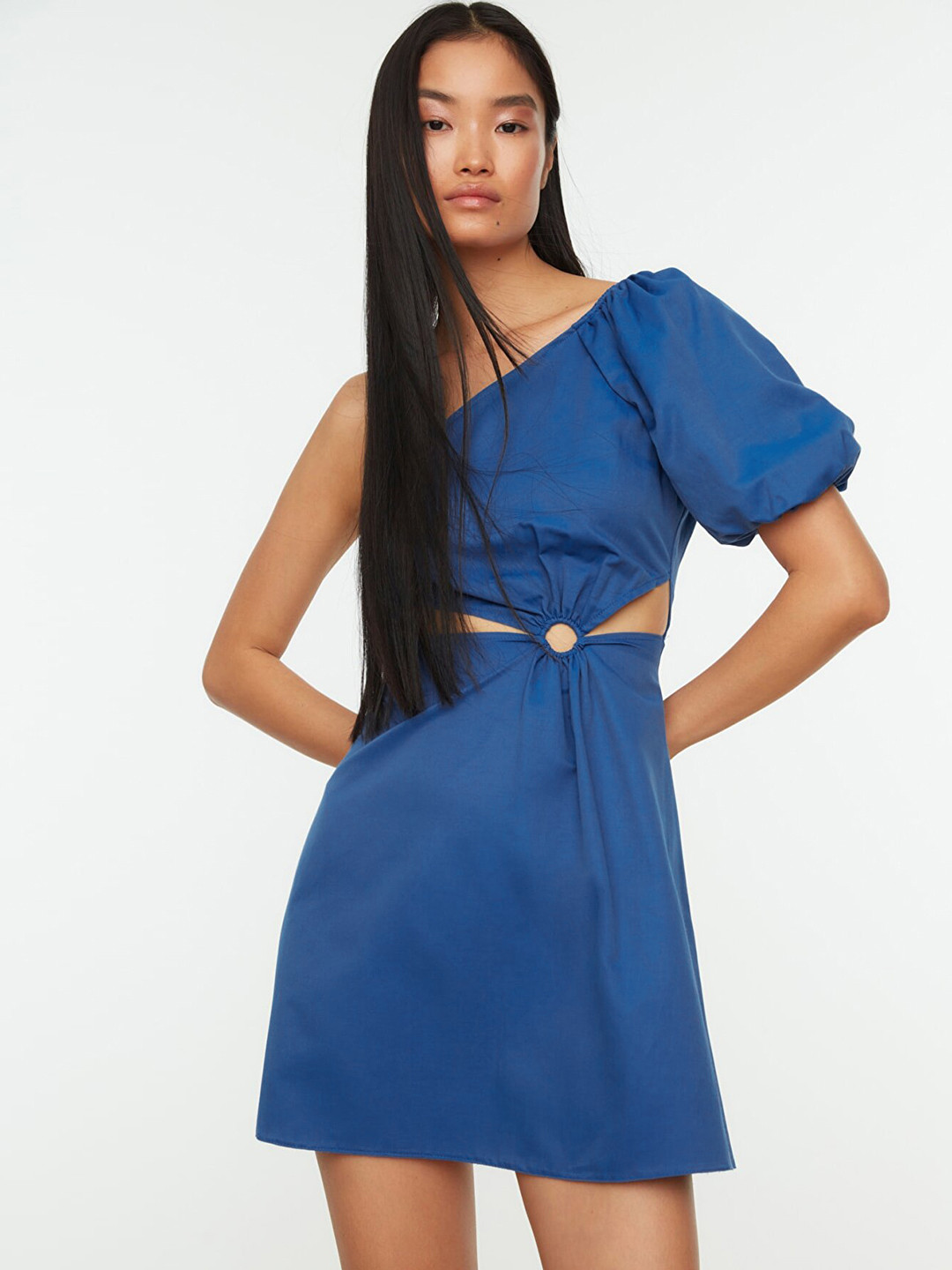 

Trendyol Women Blue Solid Cut Out Detail One Shoulder A-Line Dress