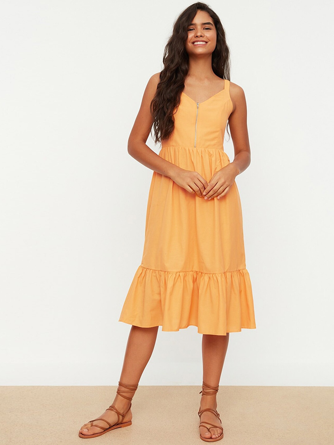 

Trendyol Women Mustard Yellow Smocked A-Line Midi Dress with Flounce Hem