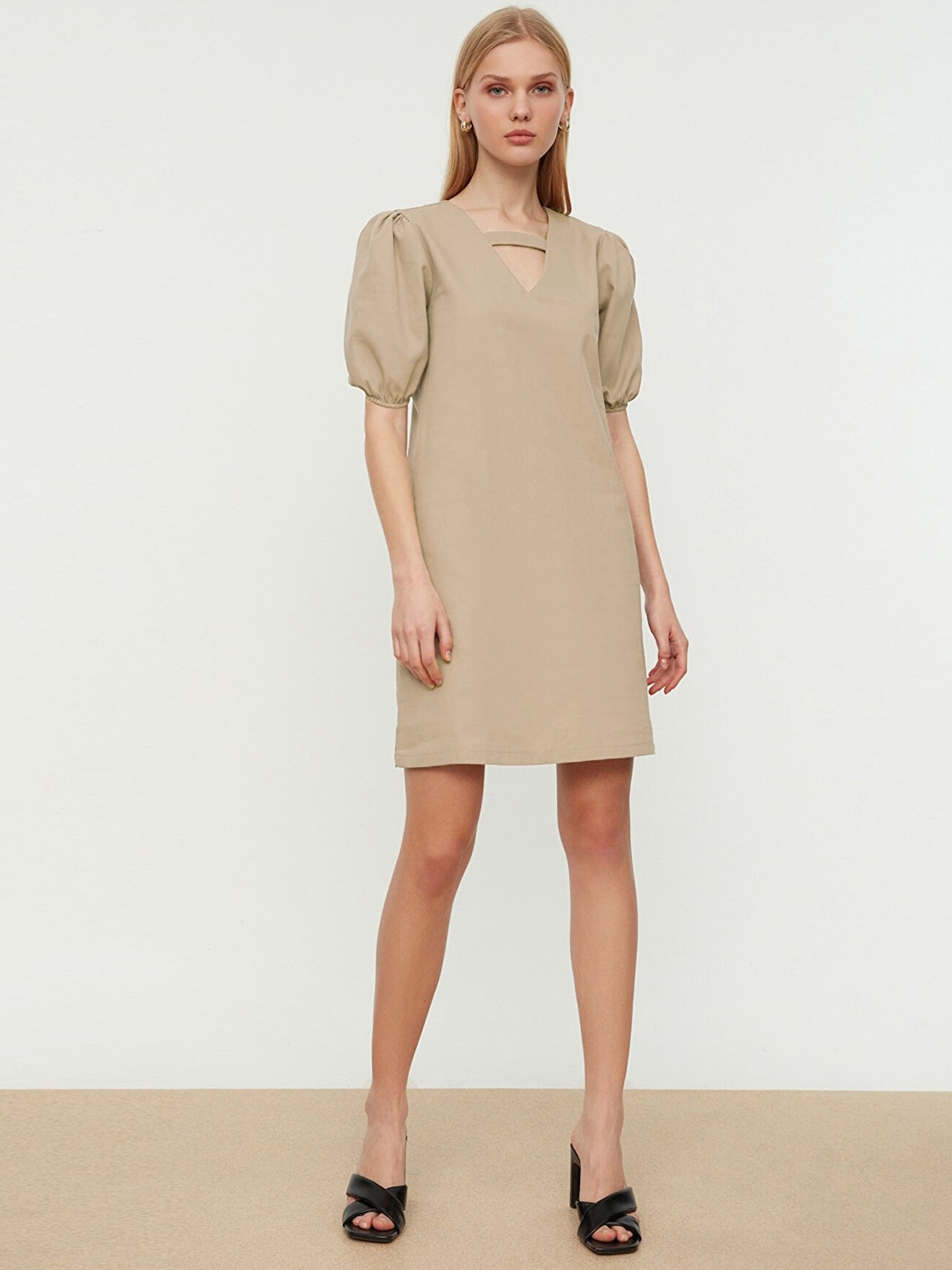 

Trendyol Women Taupe Solid Cut-Out Detail A-Line Dress