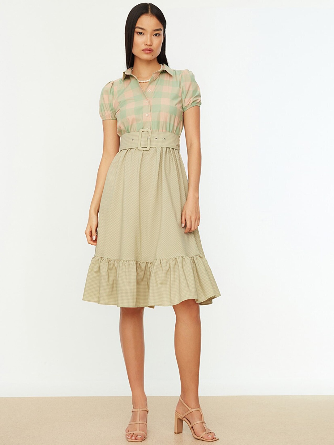 

Trendyol Women Green & Khaki Checked A-Line Dress