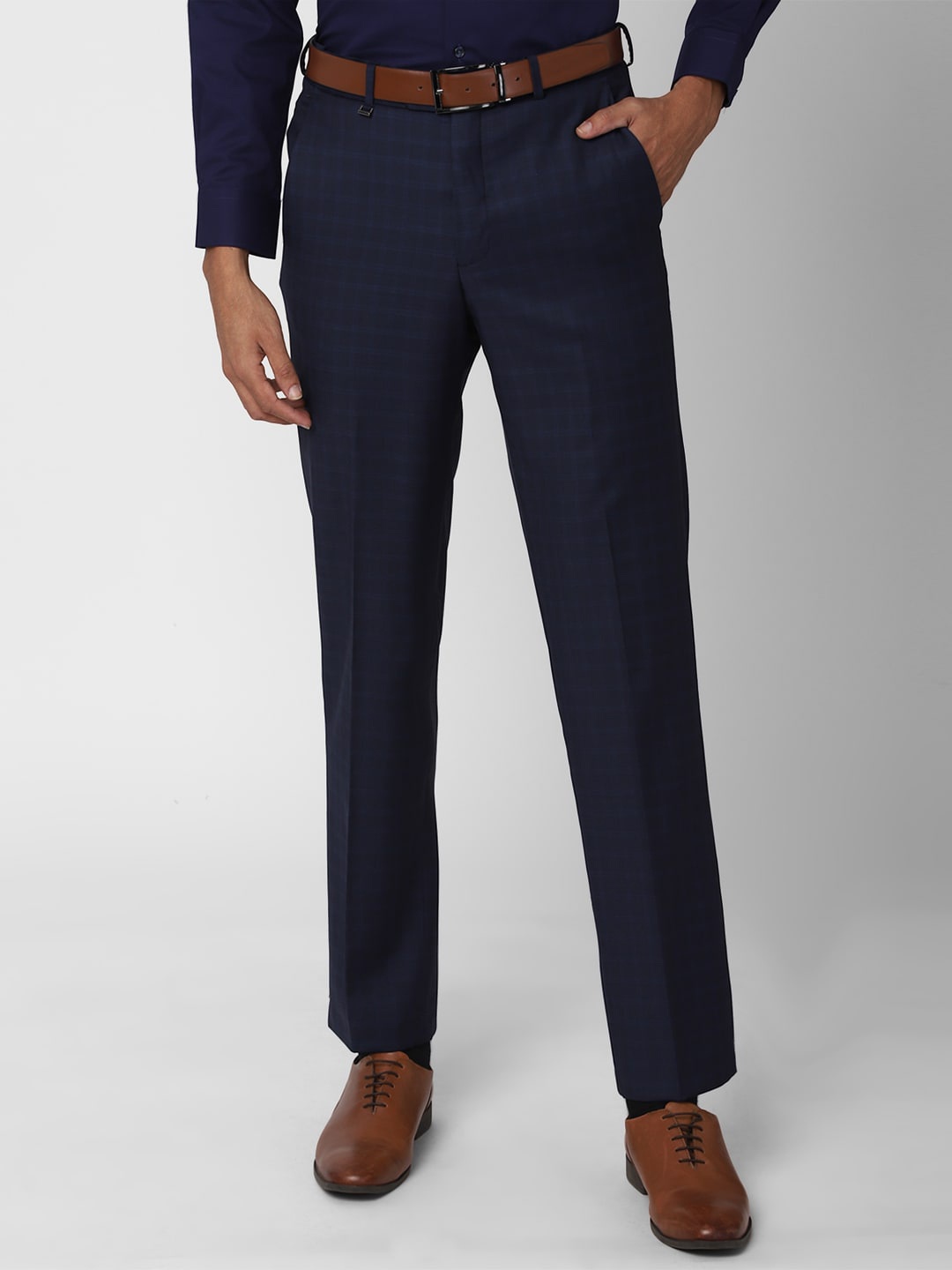 

Van Heusen Men Navy Blue Checked Regular Fit Formal Trousers