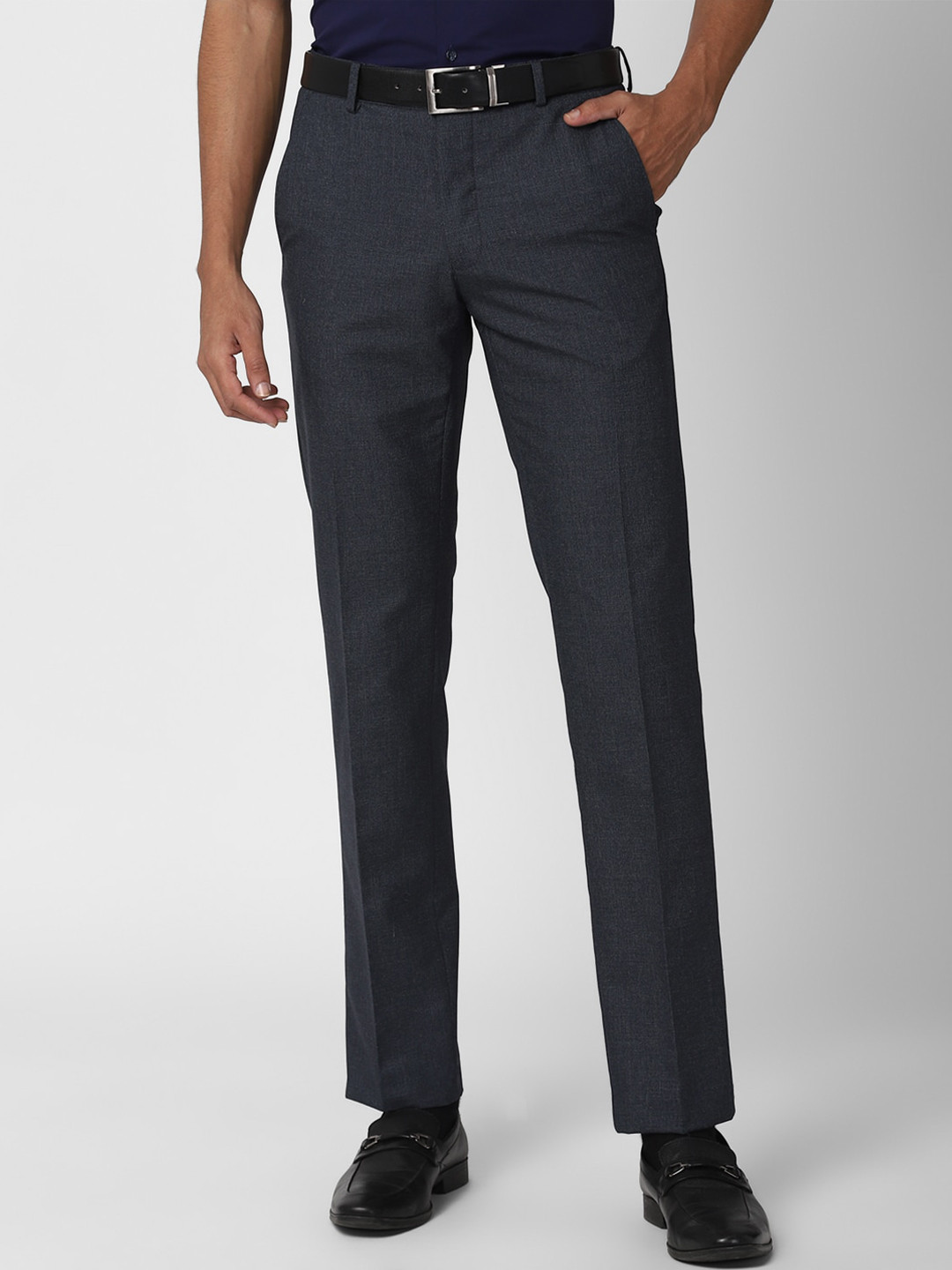 

Van Heusen Men Navy Blue Textured Slim Fit Trousers