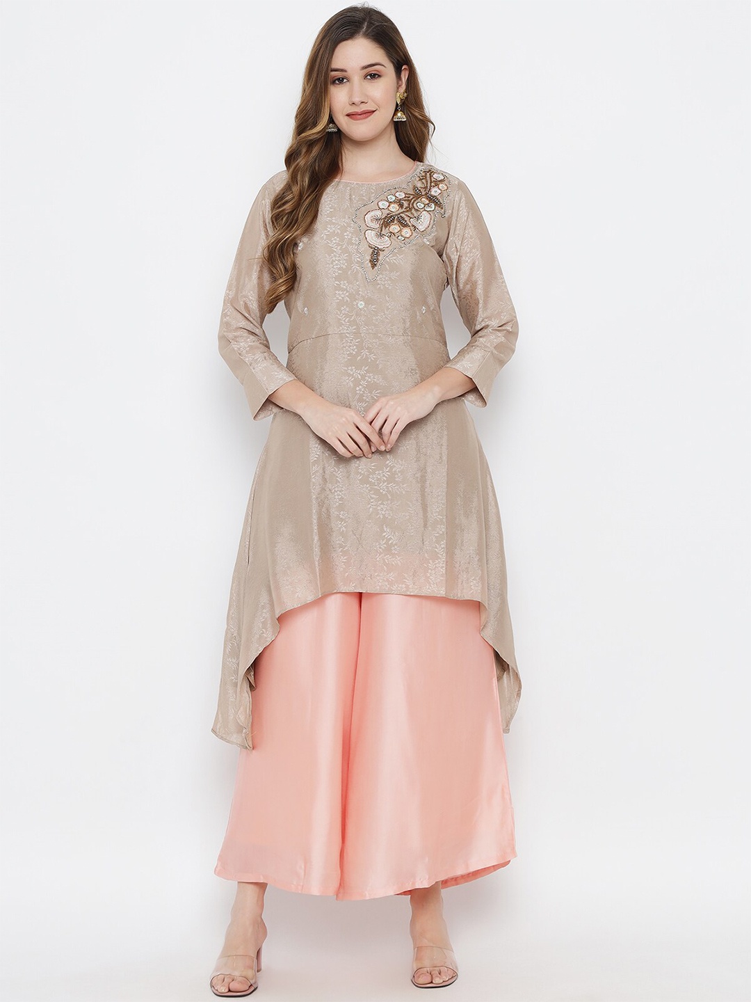 

MAXENCE Women Beige Floral Embroidered Beads and Stones Kurta with Palazzos