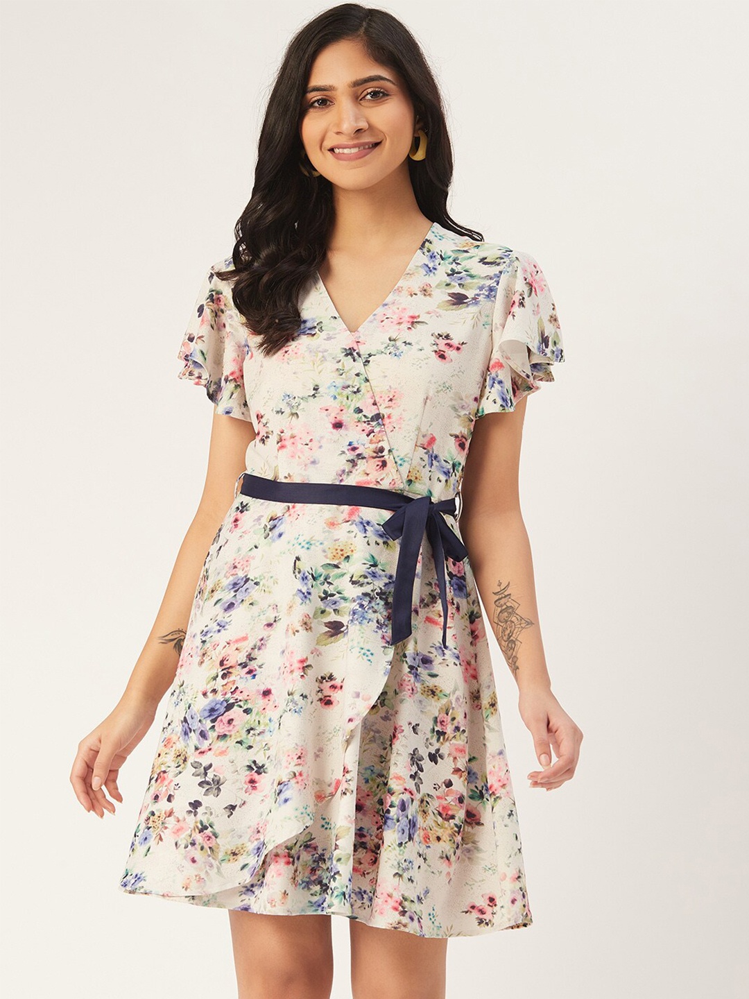 

DODO & MOA White Floral Printed Wrap Dress