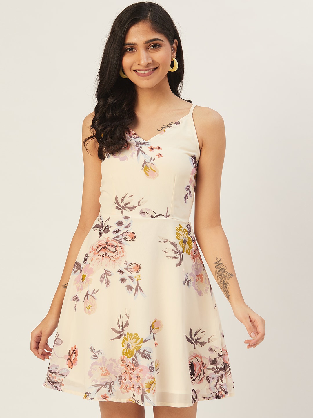 

DODO & MOA Peach-Coloured & Mauve Floral Fit & Flare Dress