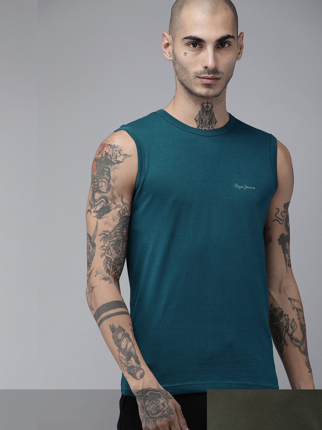 

Pepe Jeans Men Pack Of 2 Solid Innerwear Vests, Olive