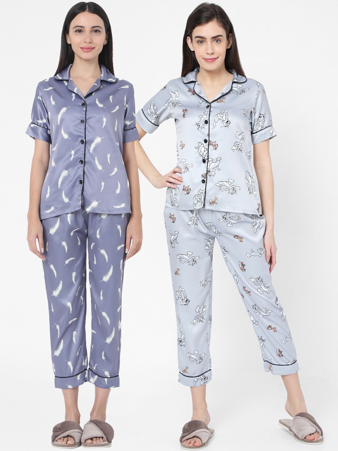 

Smarty Pants Women Grey & Blue Pack of 2 Fall Winter Printed Night suit