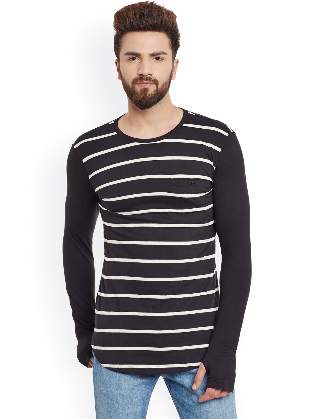 

Hypernation Men Black & White Striped Round Neck T-shirt