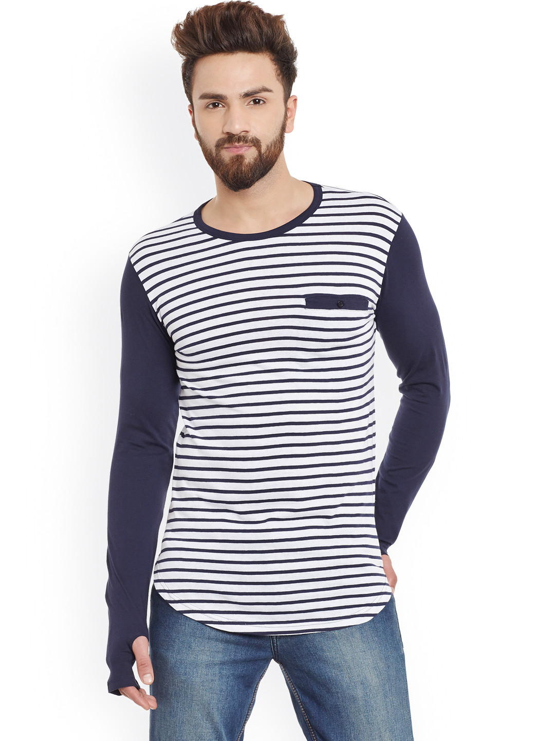 

Hypernation Men White & Navy Striped Round Neck T-Shirt