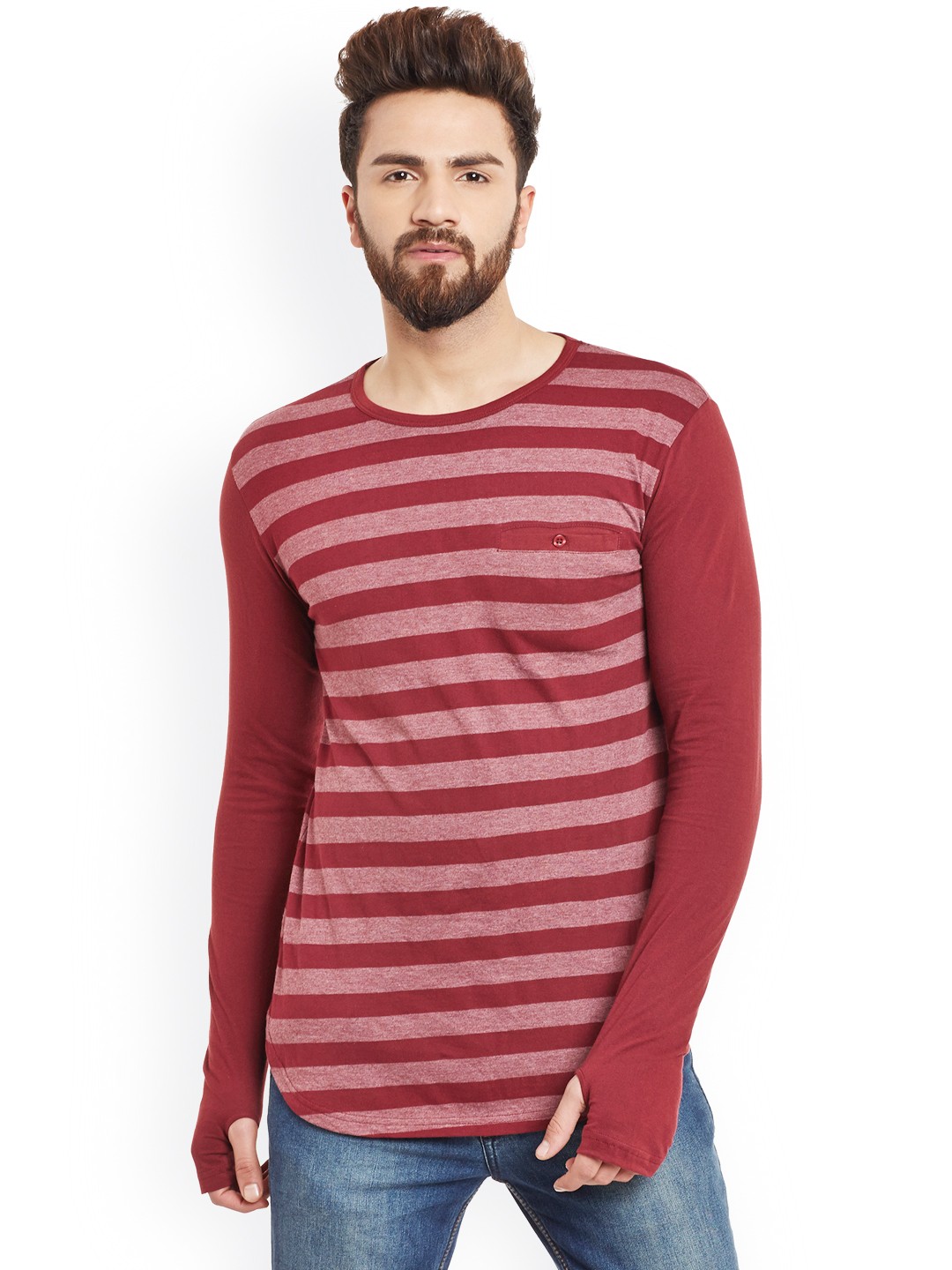 

Hypernation Men Maroon Striped Round Neck T-shirt
