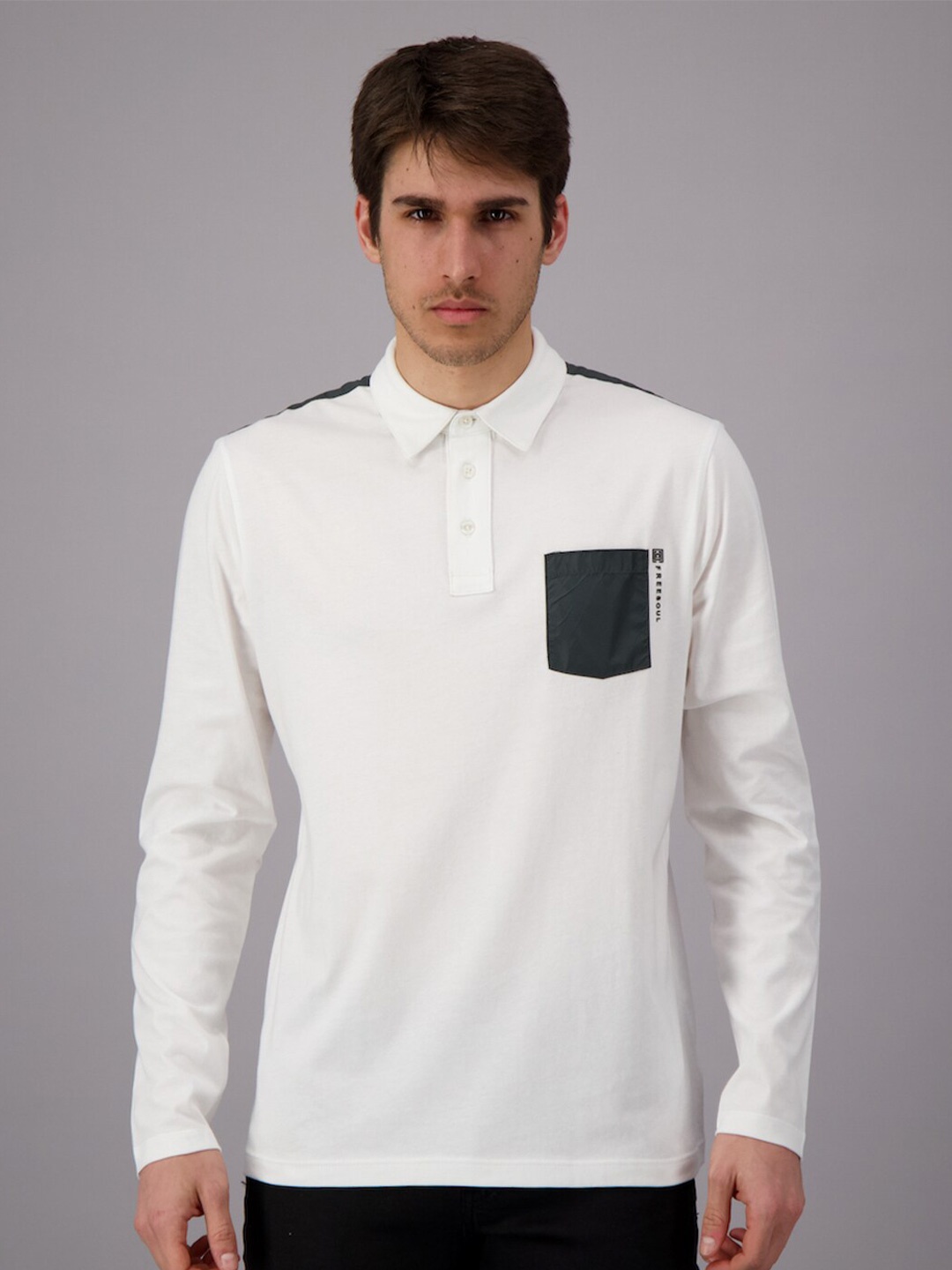 

FREESOUL Men White Solid Polo Collar Pocket Detail Cotton T-shirt