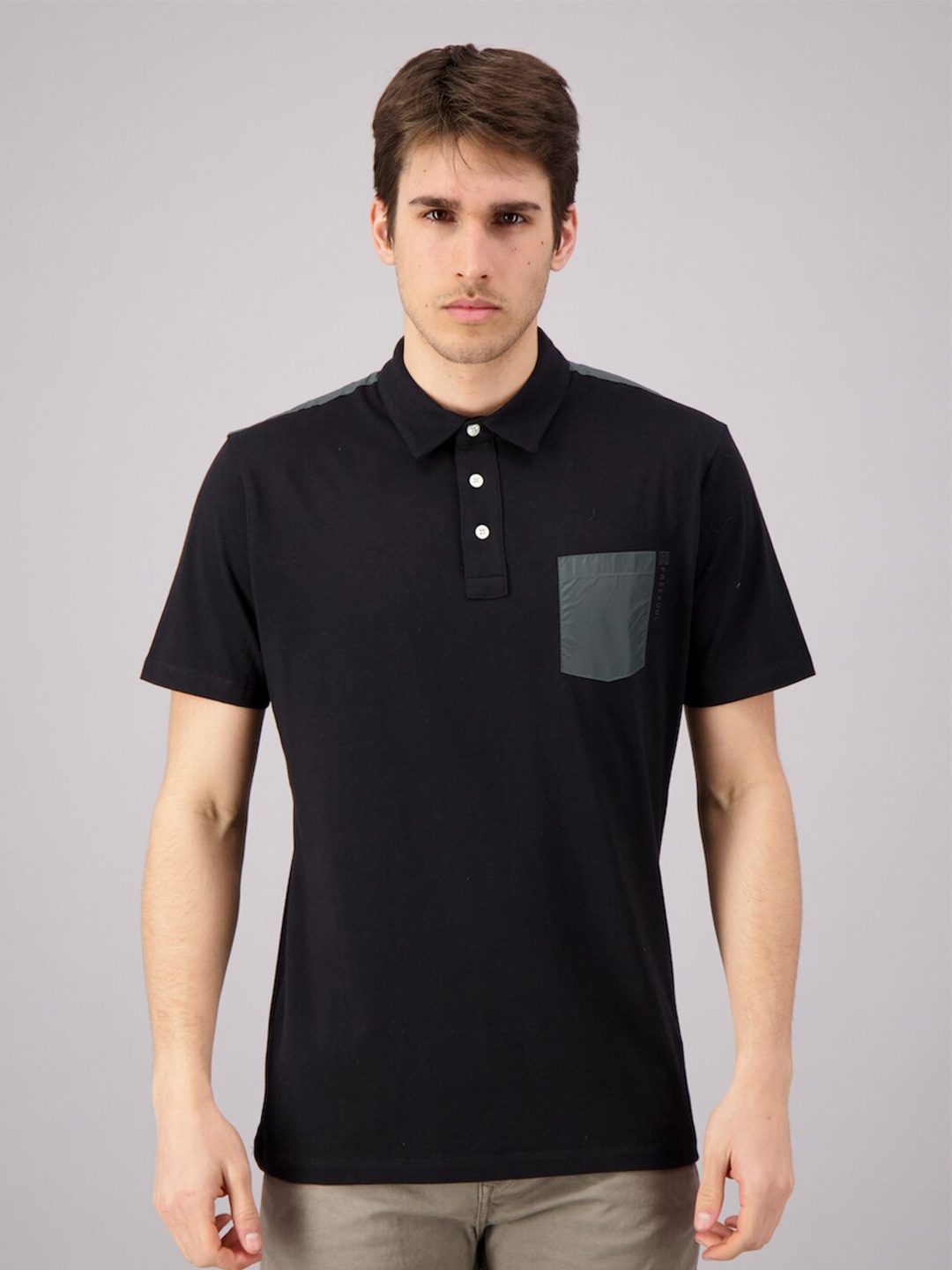 

FREESOUL Men Black & Grey Polo Collar Pure Cotton T-shirt