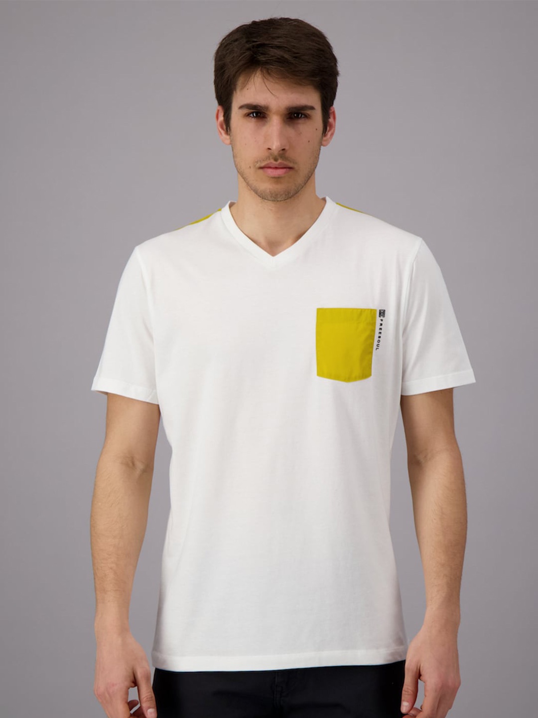 

FREESOUL Men White & Yellow Colourblocked V-Neck Pure Cotton T-shirt