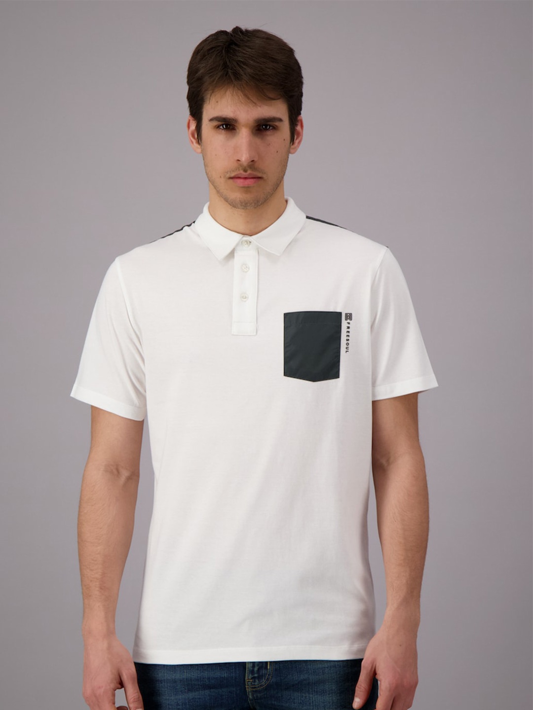 

FREESOUL Men White Polo Collar Pure Cotton T-shirt