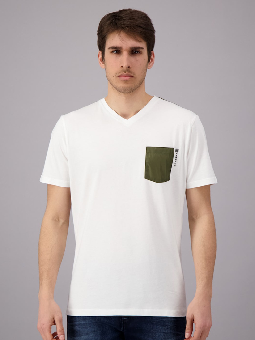 

FREESOUL Men White & Grey V-Neck Cotton T-shirt