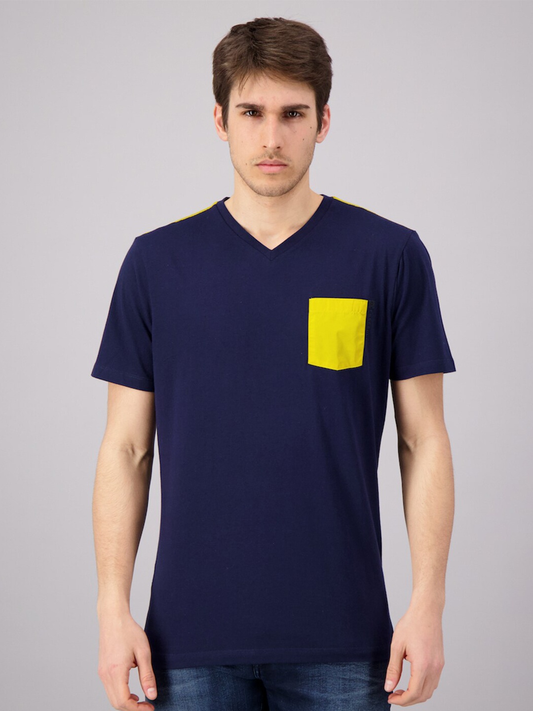 

FREESOUL Men Navy Blue V-Neck Solid T-shirt
