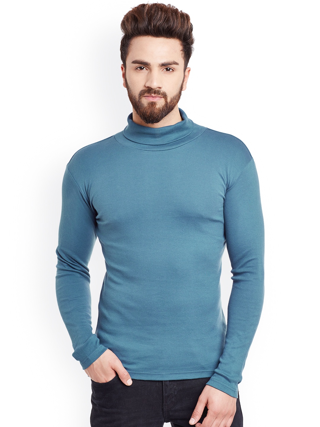 

Hypernation Men Teal Blue Solid High Neck T-shirt