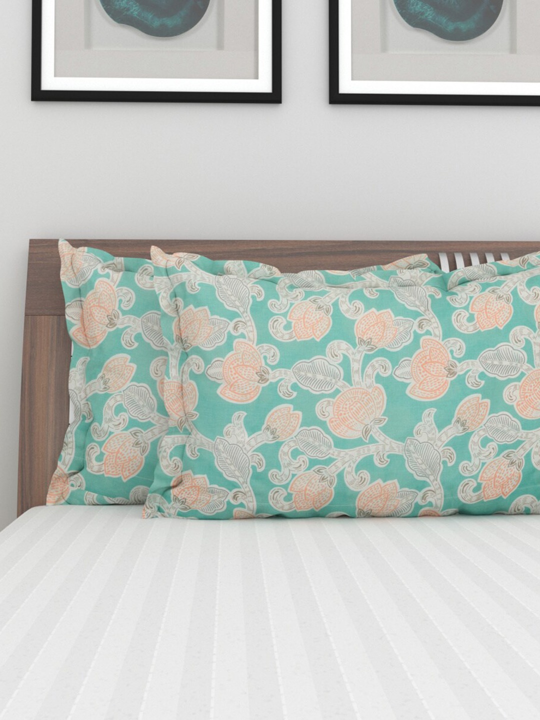 

Home Centre Set Of 2 Teal Green & Orange Printed Fiesta Cotton Pillow Covers