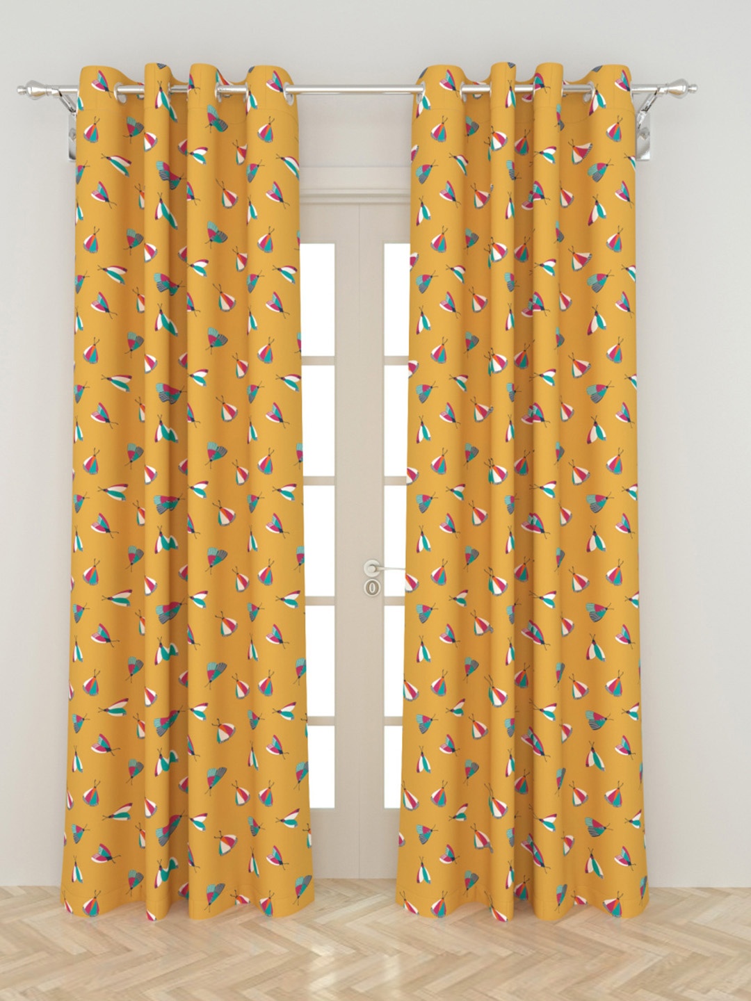 

Home Centre Yellow & Blue Set of 2 Conversational Print Black Out Door Curtain