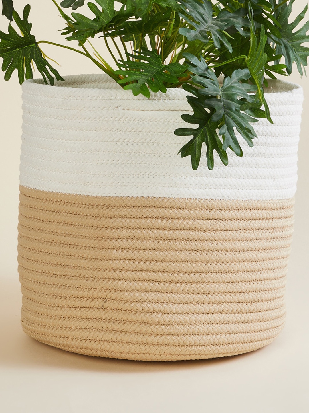 Home Centre White And Brown Braided Polypropylene Floor Planter