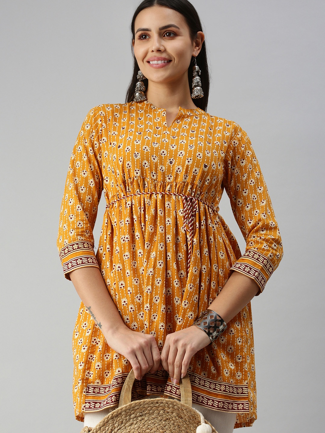 

SHOWOFF Mustard Yellow & White Floral Printed Pleated Kurti