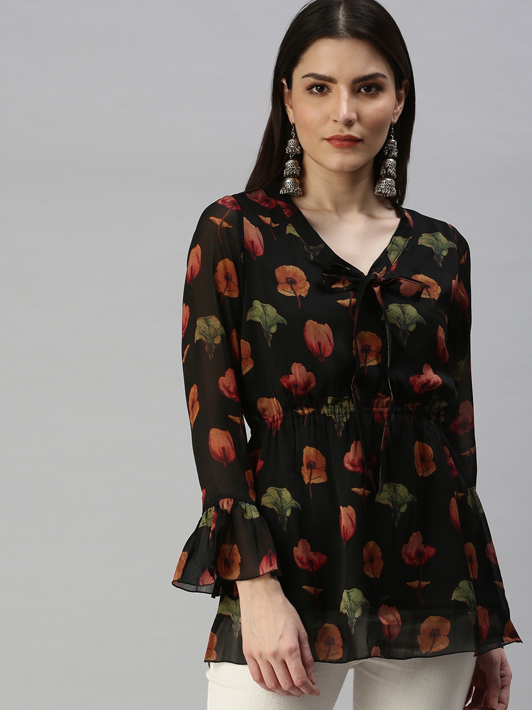 

SHOWOFF Black & Brown Floral Printed A-Line Kurti