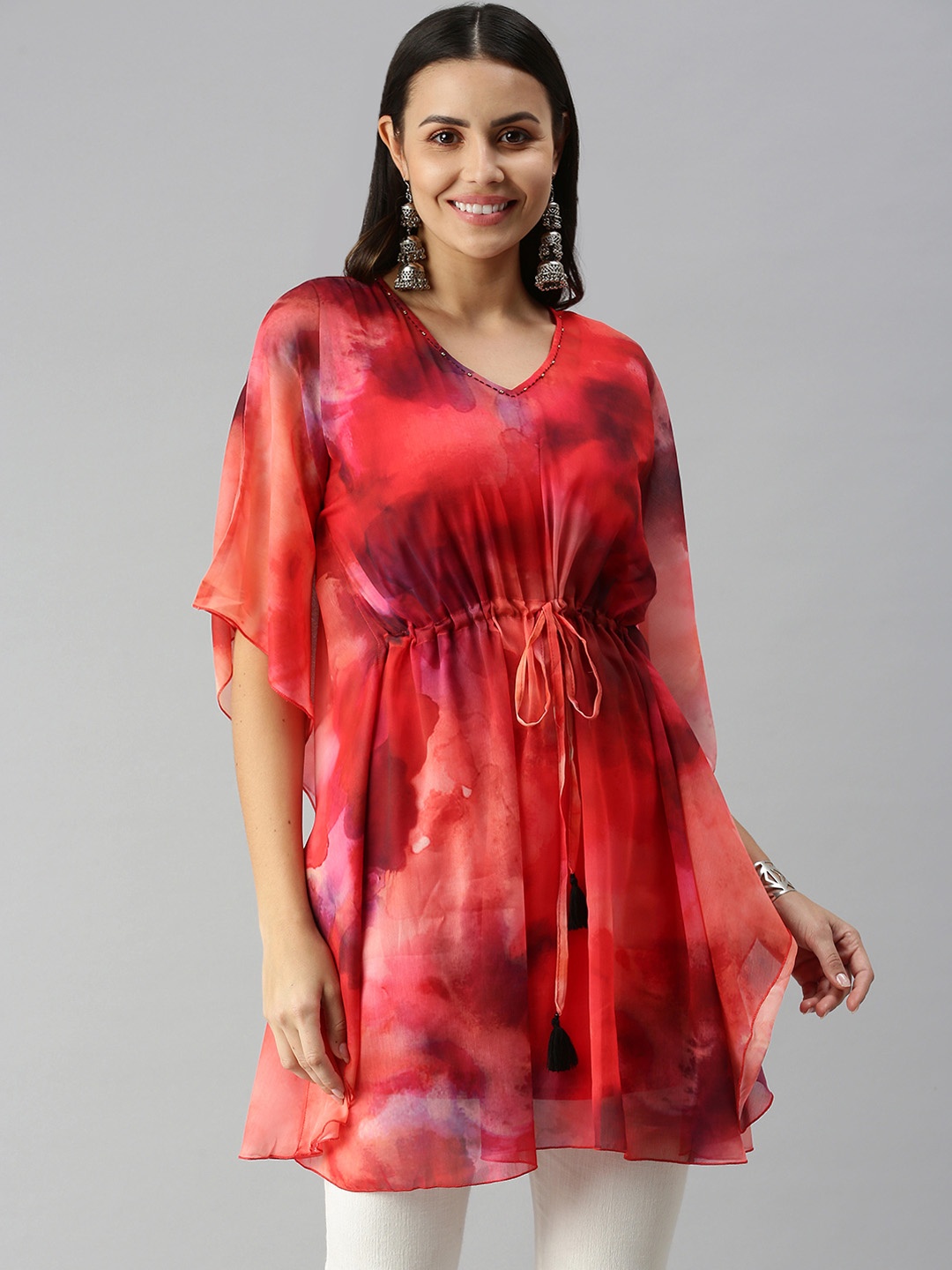 

SHOWOFF Red Printed V-Neck Flared Sleeves Kaftan Kurti