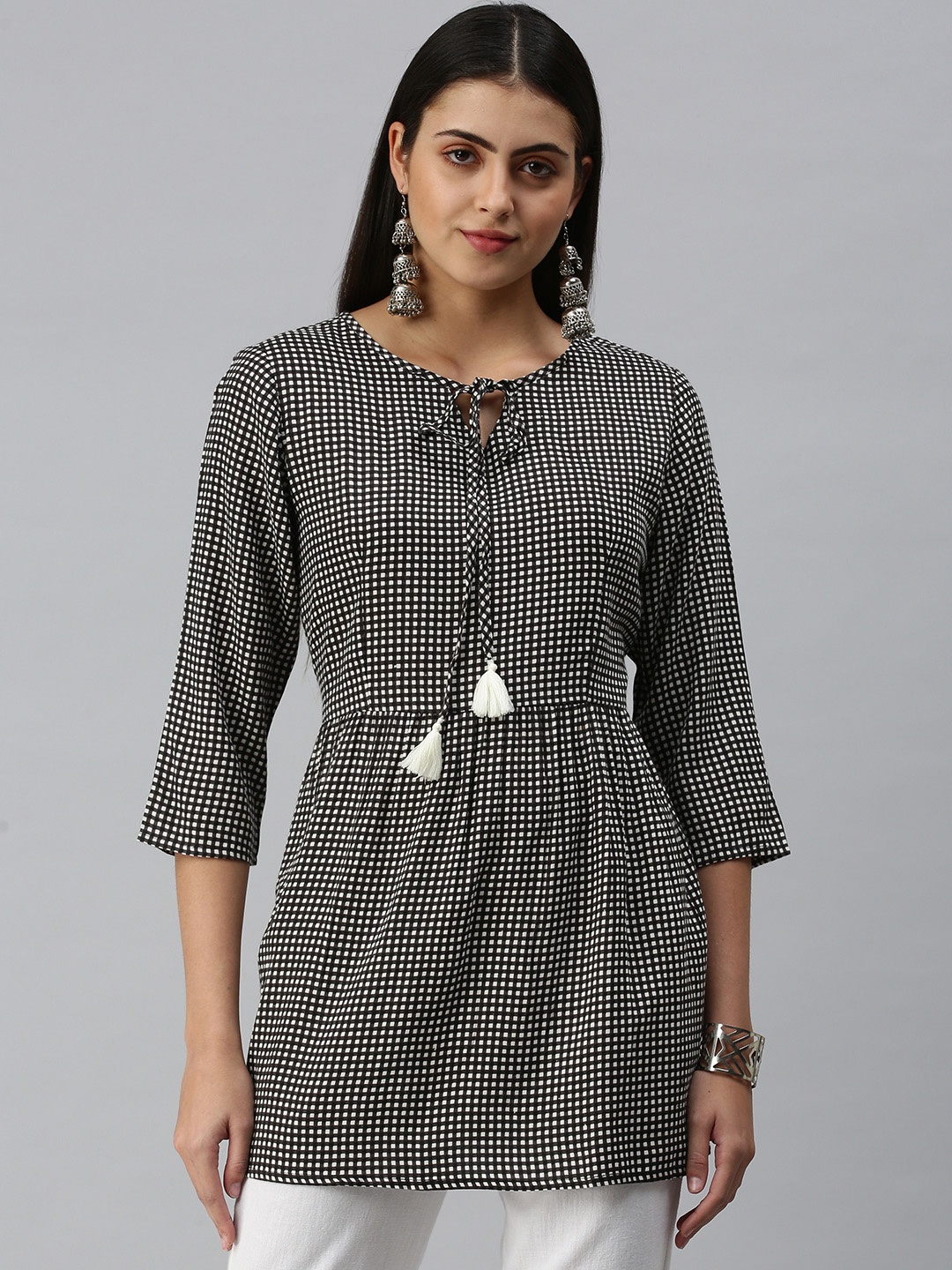 

SHOWOFF Women Black & White Checked Empire Kurti