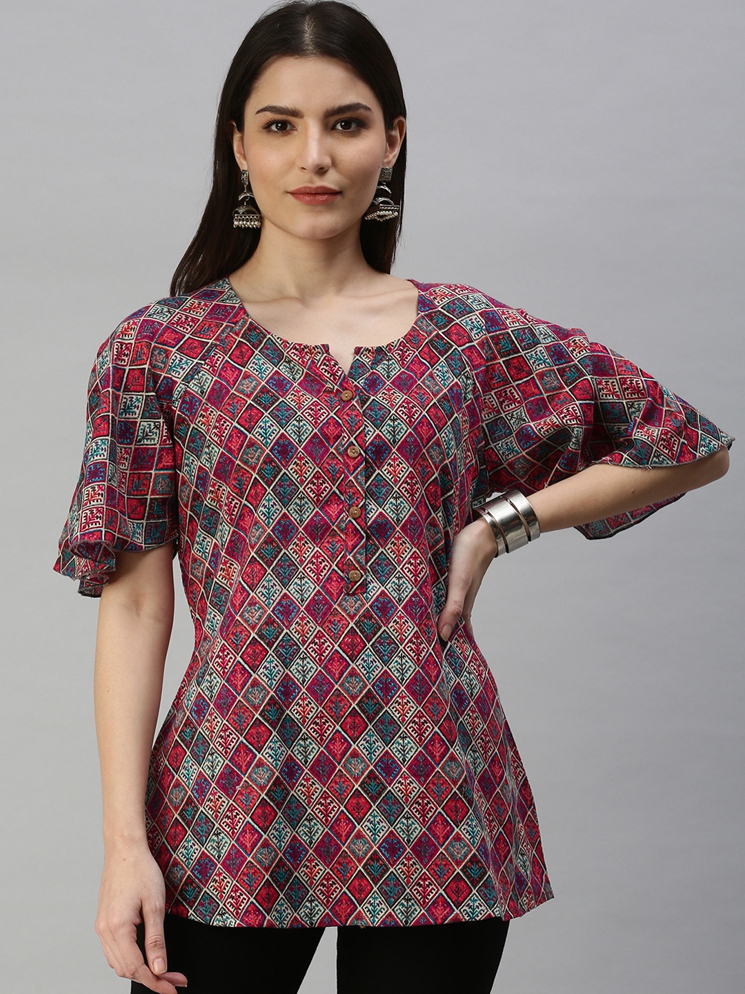 

SHOWOFF Women Multicoloured Ethnic Motifs Printed Flared Sleeves Kurti, Multi