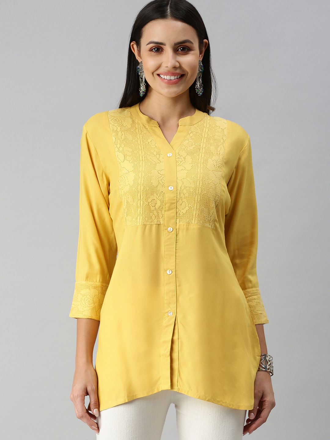 

SHOWOFF Women Mustard Yellow Solid Cotton Blend Panelled Kurti