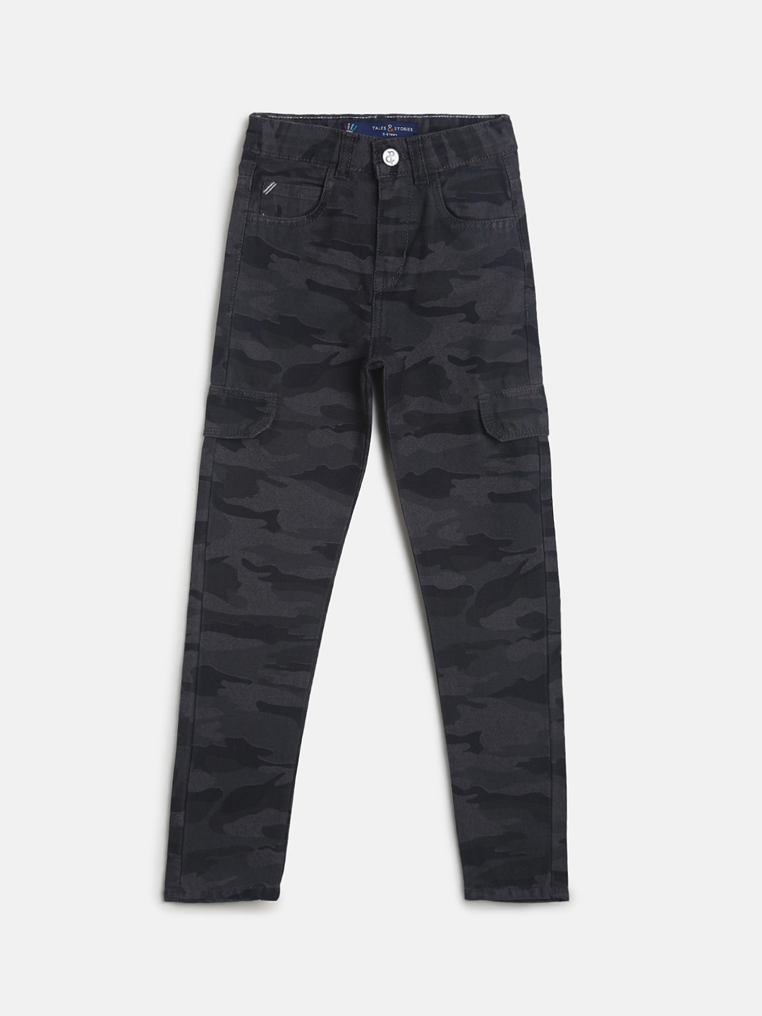 

TALES & STORIES Boys Grey Camouflage Printed Slim Fit Cargos Trousers