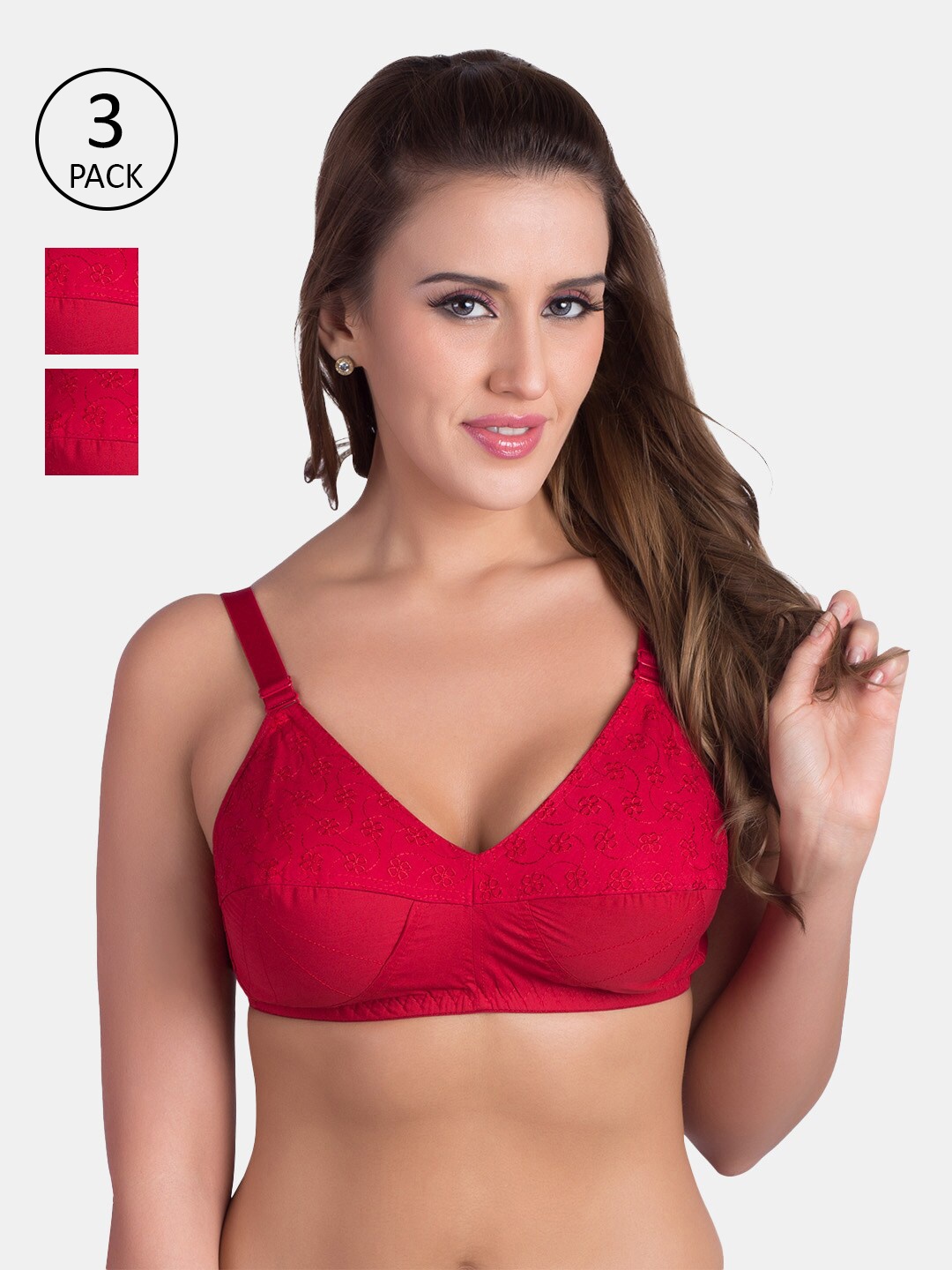 

Rajnie Plus Size Set of 3 Red Non Padded Cotton Minimizer Bra