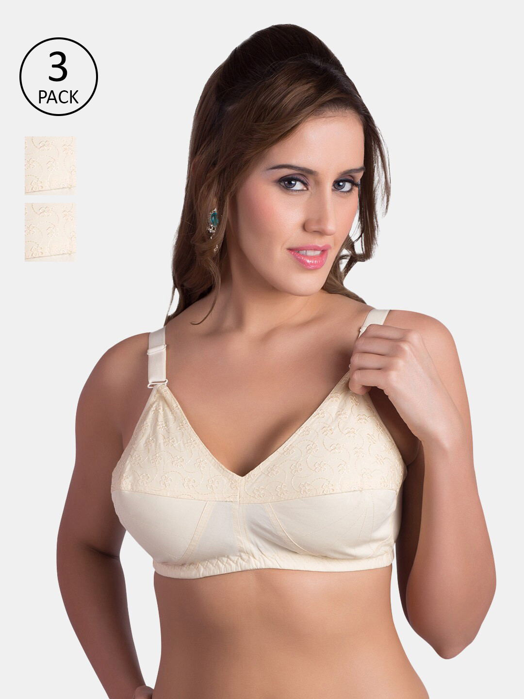 

Rajnie Plus Size Pack of 3 Beige Floral Self Design Cotton Minimizer Bras