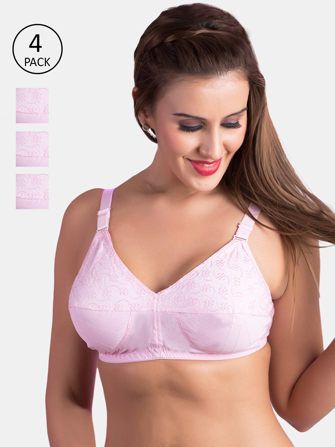 

Rajnie Pack of 4 Pink Self Design Non Wired Full Coverage Cotton Everyday Bra