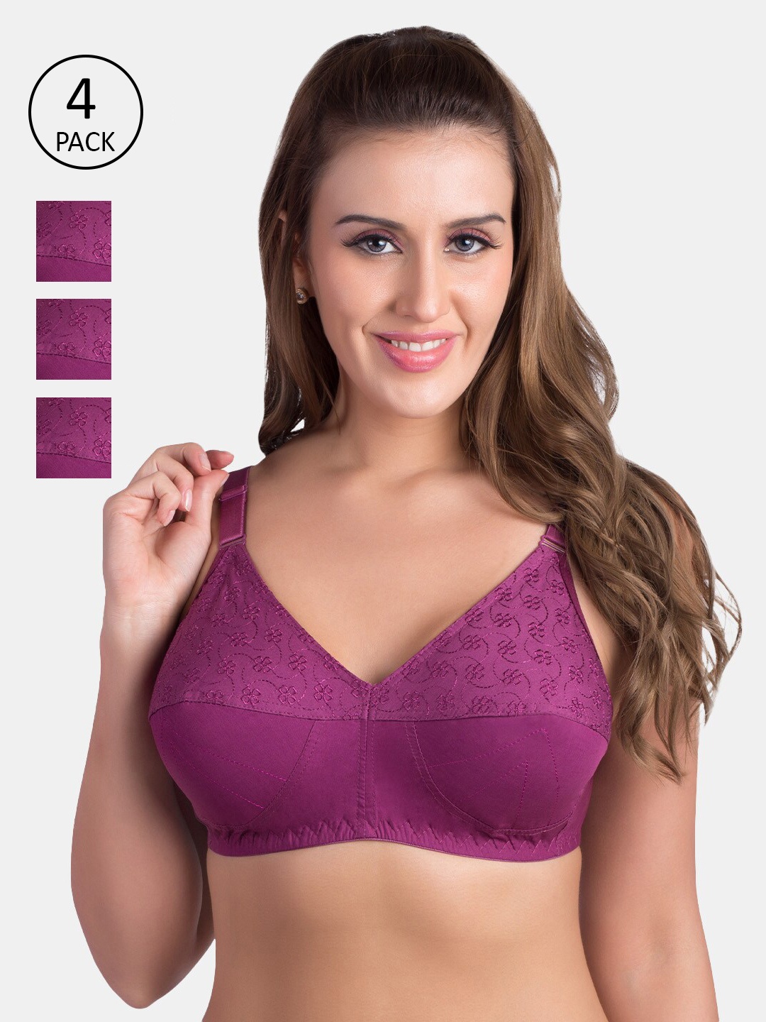 

Rajnie Plus Size Set of 4 Cotton Minimizer Bra, Purple