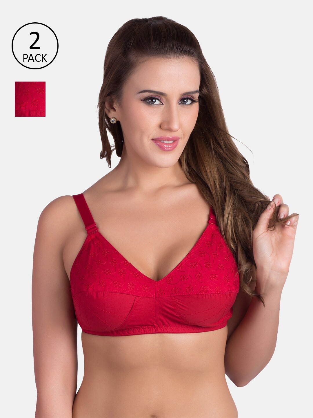 

Rajnie Plus Size Pack of 2 Red Floral Self Design Cotton Minimizer Bras